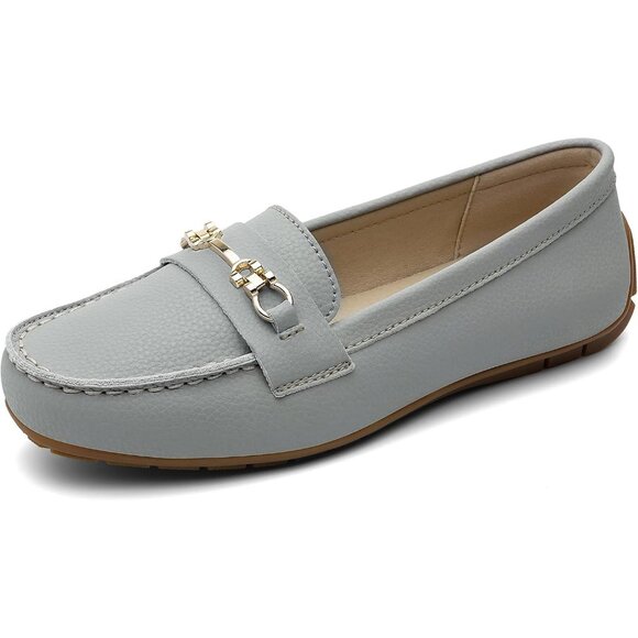 Kordal Women's Light Grey Leather Gold Accent Buckle Slip-Ons Walking Loafers - Picture 2 of 9